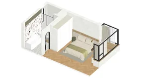Modern minimalist bedroom with a bed, wardrobe, and marble accent wall.