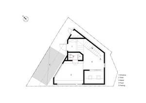 Diagram of a floor plan with angular shapes and labeled sections