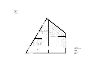 Minimalist architectural floor plan with a room, powder room, bath, closet, and stairs.