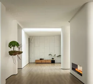 A minimalist living room with a wood floor, white walls, and a floating tree sculpture.