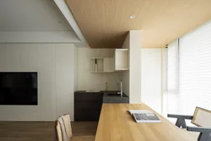 Modern interior design featuring wooden and plastic elements