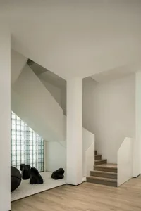 Modern interior space featuring glass walls, concrete elements, wooden stairs, and carpet flooring.