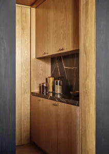 Modern kitchen featuring wooden cabinets with marble countertops