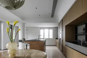 Modern residential kitchen featuring a marble countertop and wooden cabinets.