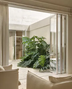Beige minimalist living room with natural wood and glass elements