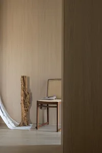 A minimalist, modern interior space featuring a wooden texture wall and floor.