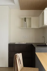 Minimalist kitchen featuring modern minimalism styled with dark wood cabinets and a concrete countertop.