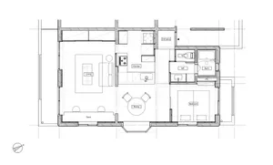 現代簡約住宅平面圖，採用木、鐵與玻璃材質。