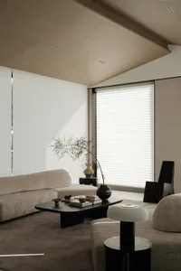 A stylish, neutral-toned living room with minimalist decor and a sleek, contemporary coffee table.