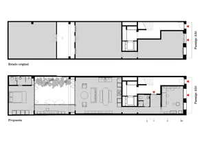 Plan of a modern office space with open-plan layout, workstations, and conference room.