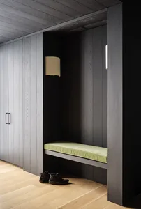 A modern storage concept featuring dark wood cabinets and a green cushioned seating area with a lamp and shoes.