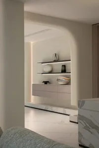 Modern minimalist living room with sleek, contemporary furniture and clean lines.