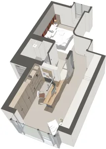 現代住宅公寓平面圖的 3D 渲染，呈現開放式客廳空間。