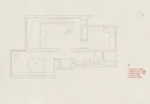 A detailed 2F floor plan depicted on paper, showing living room, children's room, master bedroom, corridor, and bathroom.