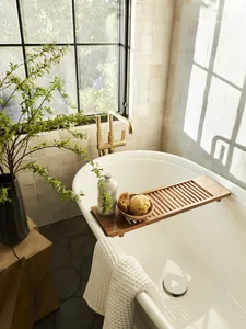A minimalist bathroom with a white ceramic tub, wooden shelf, and potted plant.
