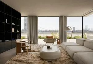 Modern living room featuring concrete walls, a leather sofa, and a glass coffee table.