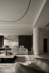 Modern living room featuring minimalist design with concrete walls, marble coffee table, and leather sofa.