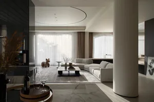 Modern living room with minimalist design, featuring white concrete furniture and a neutral color palette