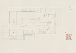 Floor plan of a residential building, showing rooms and layout.