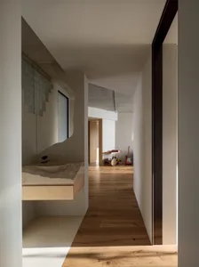 Concrete residential interior with minimalist design and sleek lines.
