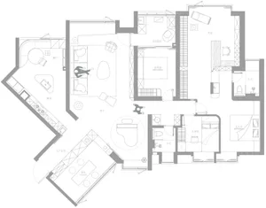 2D technical drawing of a modern residential interior floor plan with living room, kitchen, dining room, bedrooms, bathrooms,