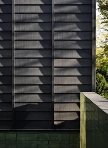 A modern minimalist exterior wall with shadow patterns cast by nearby trees.