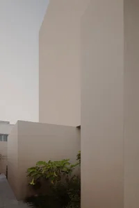 A minimalist exterior design featuring concrete walls and a stylish landscaping with greenery and flowers.