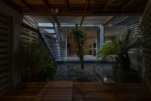 A modern residential space featuring glass walls and a wooden floor with potted plants.