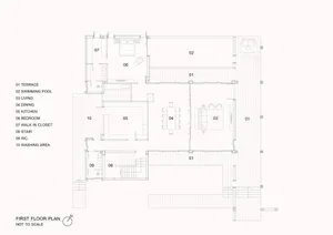 First floor layout of a house plan on paper