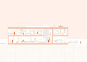 A 2D architectural rendering of a modern apartment interior with various functional zones and people inside.