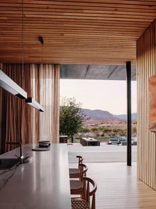 A modern residential kitchen featuring wood elements.