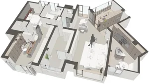 A modern apartment floor plan featuring neutral materials such as light wood and beige tones.