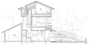A detailed 2D architectural drawing of a modern floor plan with multiple functional zones and outdoor features.