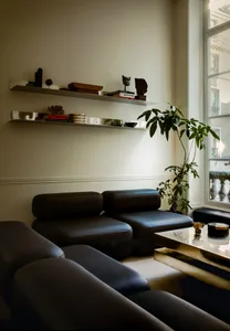 A modern interior design featuring a black sofa, metallic floating shelves, and green potted plant.