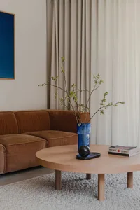 A modern living room with a brown couch, a wooden floating coffee table, a blue vase with branches, and a book titled 'PROJEC