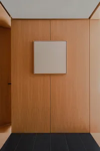 Minimalist modern entryway with wood paneling and a central frameless beige rectangle