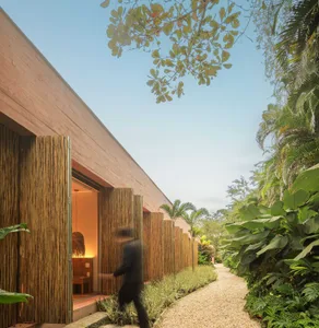 A modern residential exterior featuring bamboo walls and a gravel path surrounded by lush greenery.