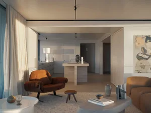 Minimalist living room featuring modern furniture and wooden surfaces.