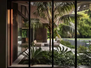 A modern backyard featuring a concrete terrace with a palm tree and wooden seating area.