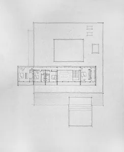 Detailed black and white line drawing of a modern industrial-style apartment floor plan.