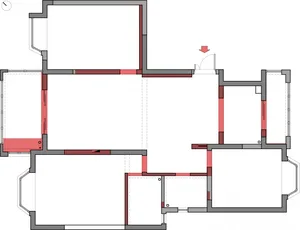 Detailed 2D architectural rendering of a modern interior design floor plan showing multiple rooms and their layout.