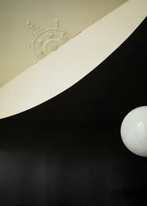 A modern interior design featuring a black and white color palette.