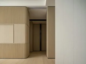 A minimalist interior with wood elements and clean lines.
