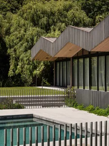 Modern minimalistic house featuring concrete exterior walls, a swimming pool with a metal fence, and a lush green courtyard w