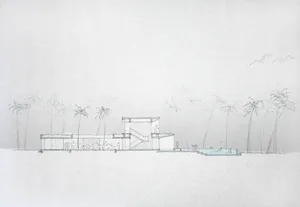 A pencil sketch of a modern residential building on a white background.
