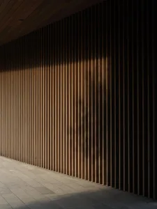 Modern interior with vertical wood paneled wall