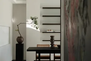 簡約風格客廳，擺放黑色餐桌、木質層架與一盆盆栽。