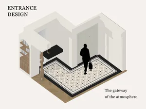 A minimalist entrance design featuring a wooden floor with a white patterned design, a silhouette of a person walking, and wh
