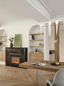 Modern living room with a fireplace, wooden table, and marble shelving unit.