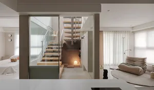 Modern minimalist living room with wooden stairs, glass railings, and concrete flooring.